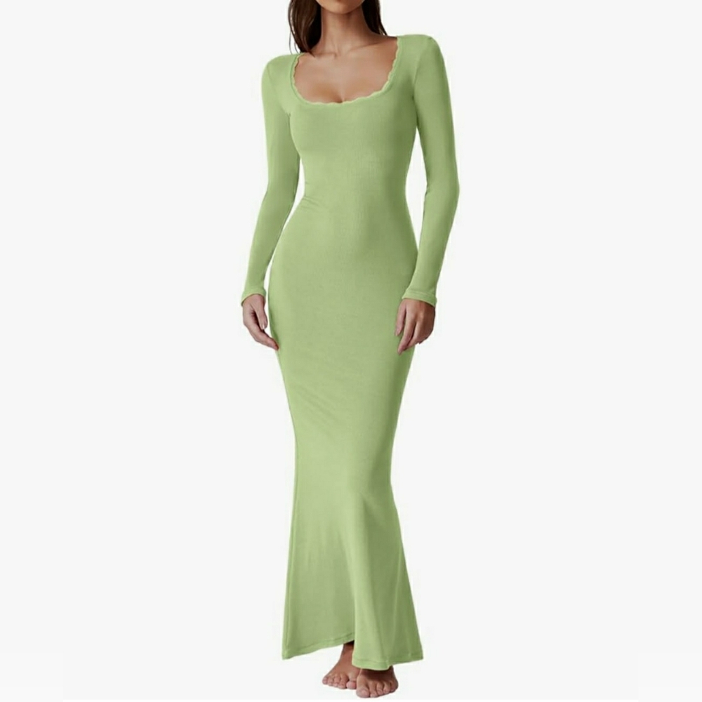 Qinsen Ribbed Knit Green Long Sleeve Maxi Bodycon Dress
